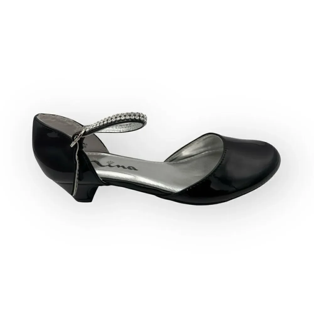 Nina Girls Cera Patent Leather Rhinestone Strap D'Orsay Heels Shoes Black Sz 3M